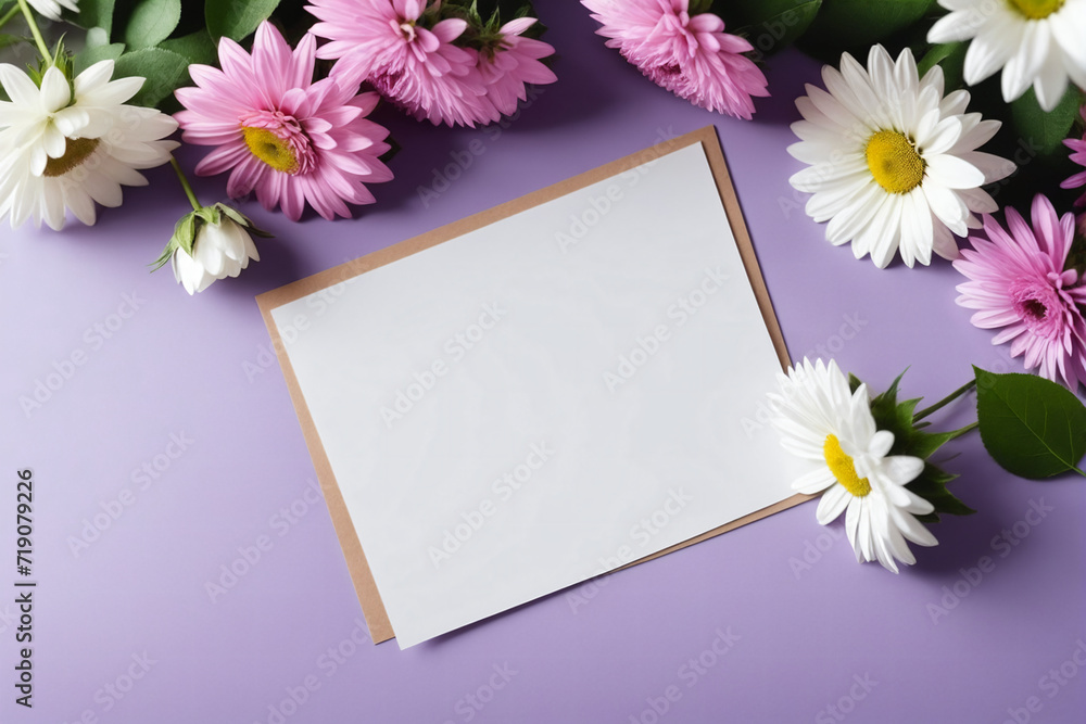Blank paper sheet card with mockup copy space on purple and white flowers Blank paper sheet card with mockup copy space on purple and white flowers