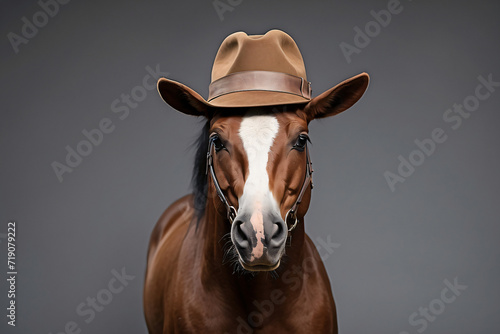 horse wearing a hat on a gray background