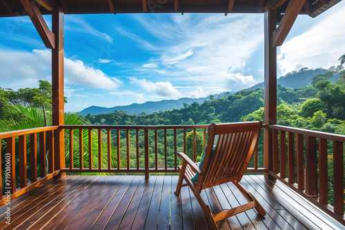 resort vacation home interior design wooden and cosy chair on comfort balcony daylight with beautiful nature sky background house beauty ideas concept