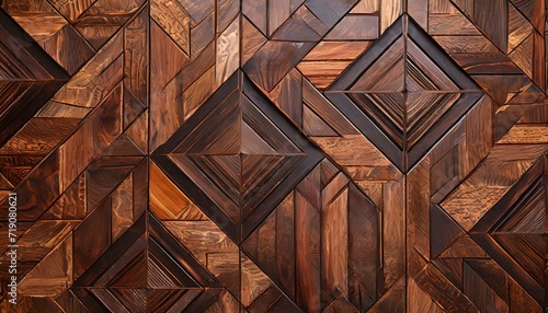 texture background.An opulent and glamorous wood background with brown wooden glazed glossy tiles forming an abstract deco glamour mosaic, adorned with intricate geometric shapes for a touch of sophis
