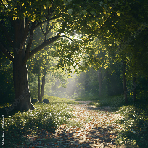 Realistic forest with sunlight, nature enviornment, mystery, tree  © chui