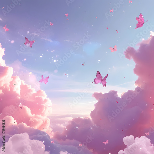 Fototapeta Naklejka Na Ścianę i Meble -  3d pink cloud with lollipop, strawberries, butterflies, candy, fantasy, dreamland, surreal