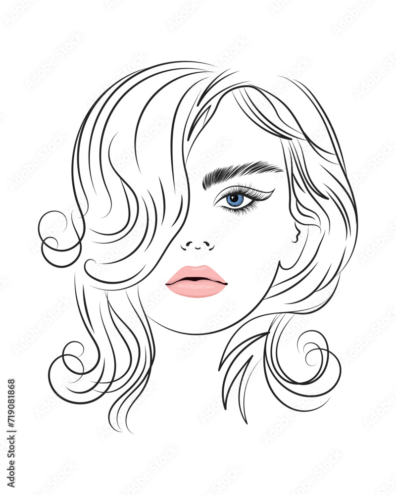 Line art, contour drawing of a beautiful woman with long hair. Beauty logo. Fashion and beauty concept. Vector