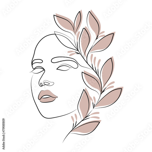 Portrait of a woman with flowers  line art. Contour illustration with the addition of colored spots. Postcard  poster  vector