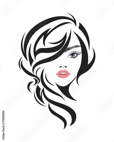 Line art, contour drawing of a beautiful woman with long hair. Beauty logo. Fashion and beauty concept. Vector