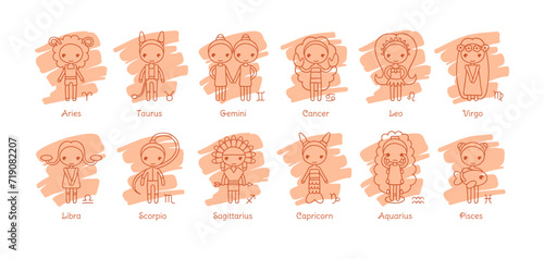 Zodiac icons, astrology signs with characters of aries, taurus, cancer, libra and virgo. Outline horoscope symbols of aquarius, gemini, leo and pisces on peach fuzz colored brush spots, vector set photo