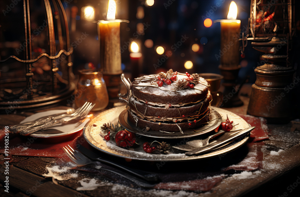rich chocolate cake topped with cranberries and powdered sugar sits elegantly on a plate, surrounded by candles and festive decorations rich chocolate cake topped with cranberries and powdered sugar sits elegantly on a plate, surrounded by candles and festive decorations