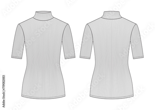 Vector fashion technical drawing of a turtleneck top with front and back view. Above elbow sleeve length. Rib knit fabric.