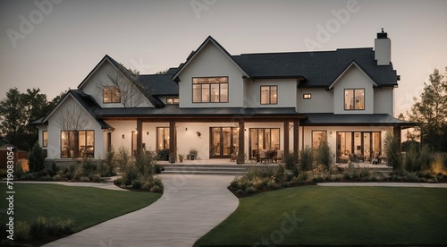 Beautiful modern farmhouse style luxury home exterior at twilight. Generative AI
