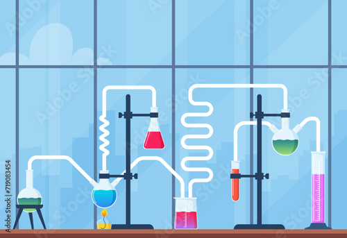 Chemical Laboratory with different glass flasks, vials, test-tubes with substance and reagents. Lab research, testing, studies in chemistry, physics, biology. Banner, poster. Vector illustration. photo