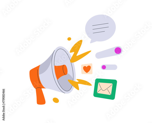 Marketing communication, promotion campaign concept. Loudspeaker and creative advertising. Bullhorn, megaphone announcing news, messages. Flat vector illustration isolated on white background