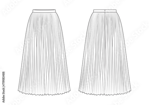 Vector fashion technical drawing of a pleated skirt with front and back view. Midi length. Hidden zipper. Woven fabric.