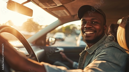 Happy black guy in casual driving car, inside shot. copy space for text.