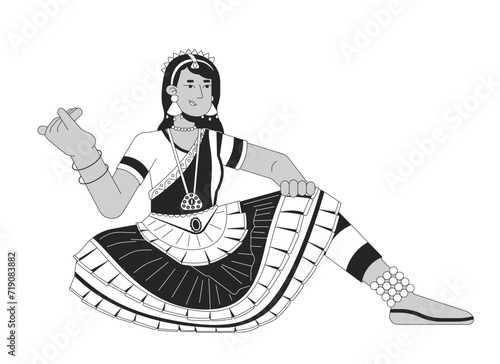 Woman dancer bharatanatyam on Deepavali black and white cartoon flat illustration. Diwali dancer female indian 2D lineart character isolated. Worship of Lakshmi monochrome scene vector outline image photo