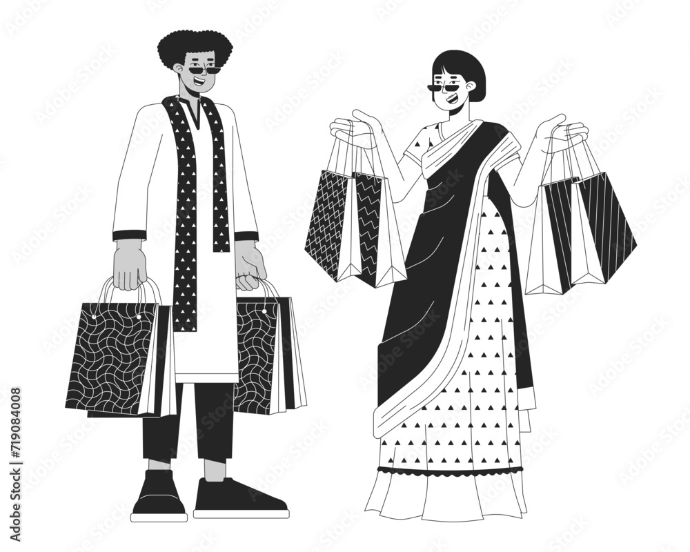 Diwali gift bags black and white cartoon flat illustration. Indian ethnic wear people diverse 2D lineart characters isolated. Indian festival of lights shopping monochrome scene vector outline image