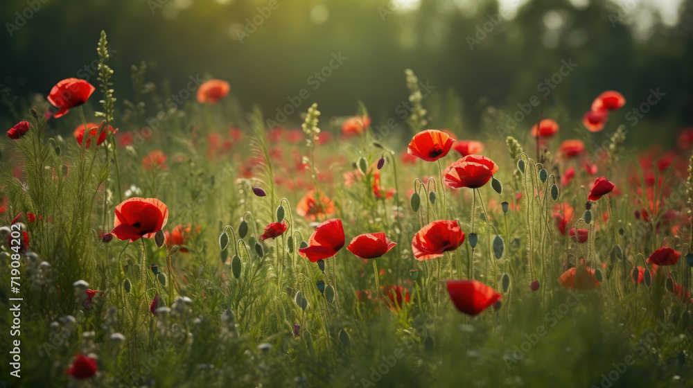 Fototapeta premium Red poppy flower on sunset sky abstract background. Generative ai.