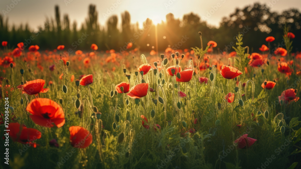 Obraz premium Red poppy flower on sunset sky abstract background. Generative ai.