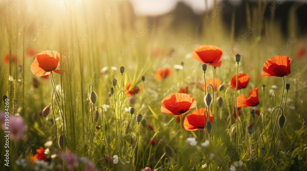 Obraz premium Red poppy flower on sunset sky abstract background. Generative ai.