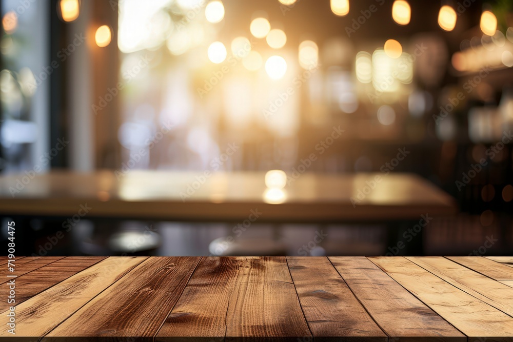 a wooden board empty table set in front of a beautifully blurred background, wooden surface, for product display