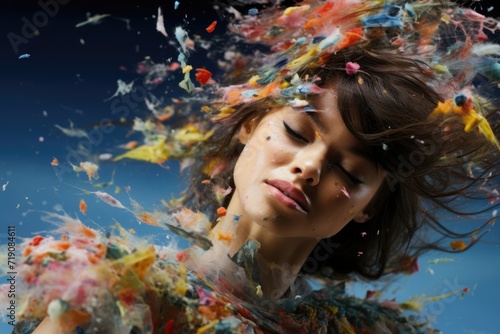 Portrait of a fantasy beauty fashion woman model face in a splash of colorful water drops in paint.