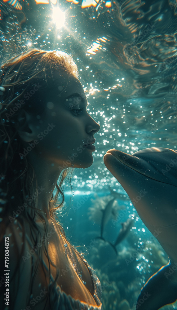 Woman swimming with dolphin underwater shot Woman swimming with dolphin underwater shot