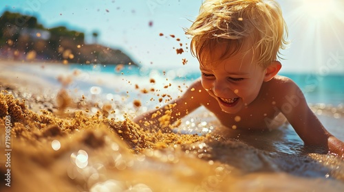 Happy kid having fun with playing sand in summer vacation on the beach.Travel and vacation concept. Copy space for text.