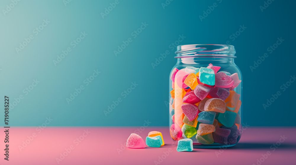 Colorful gumballs in a glass jar on blue background with copyspace for text Colorful gumballs in a glass jar on blue background with copyspace for text