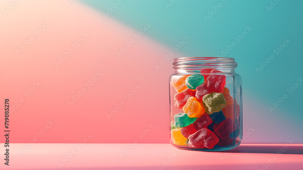 Colorful gumballs in a glass jar on blue background with copyspace for text Colorful gumballs in a glass jar on blue background with copyspace for text