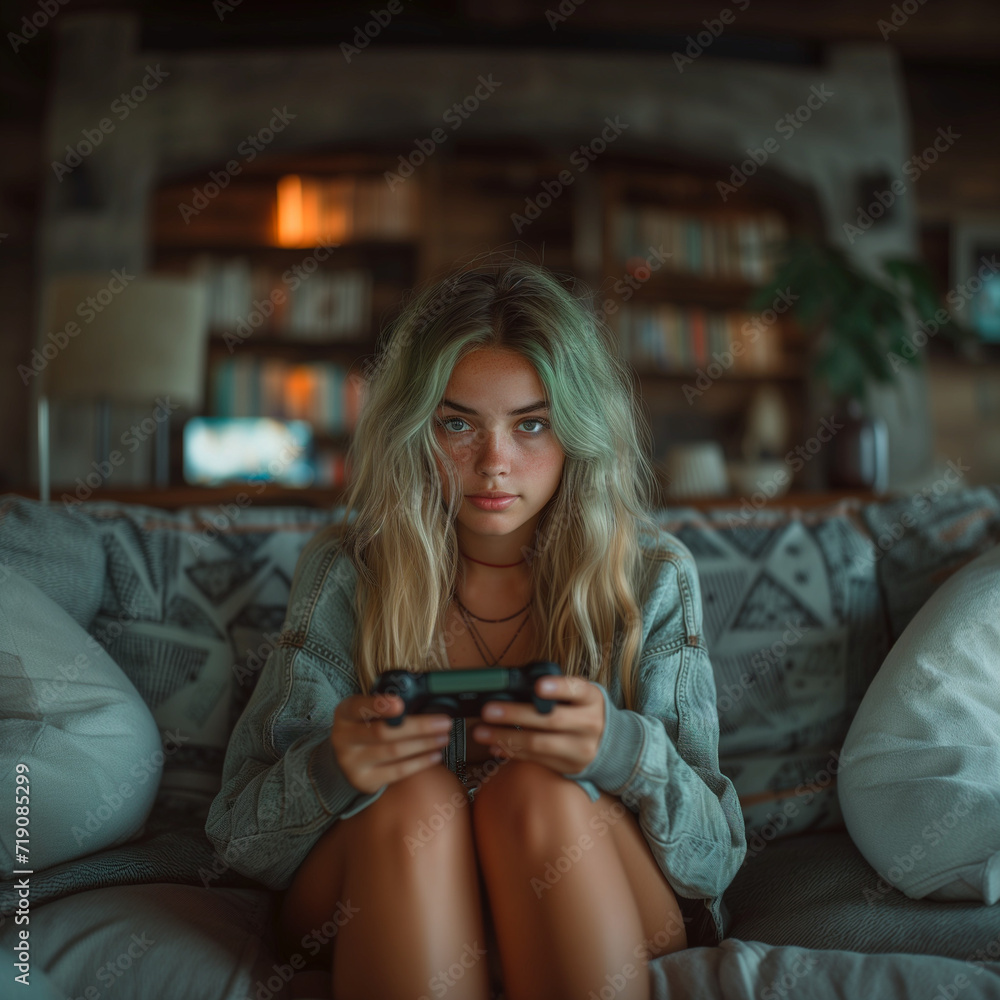 Girl with green hair playing videogames Girl with green hair playing videogames