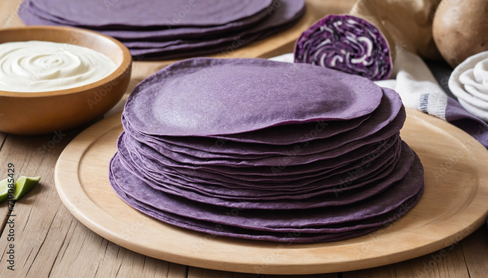Purple sweet potato tortillas, delicious ube halaya - stack of purple sweet potato tortillas, intelligent technology.