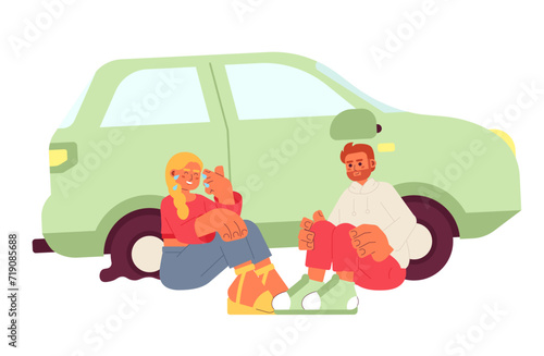 Life changing car accident cartoon flat illustration. Laughing caucasian couple about car flat tire 2D characters isolated on white background. Happy accident love story scene vector color image