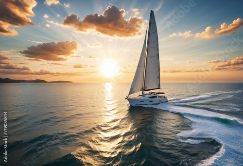A serene voyage across the ocean as the sun dips below the horizon, the sailboat gracefully cutting through the water with its sails catching the soft breeze.