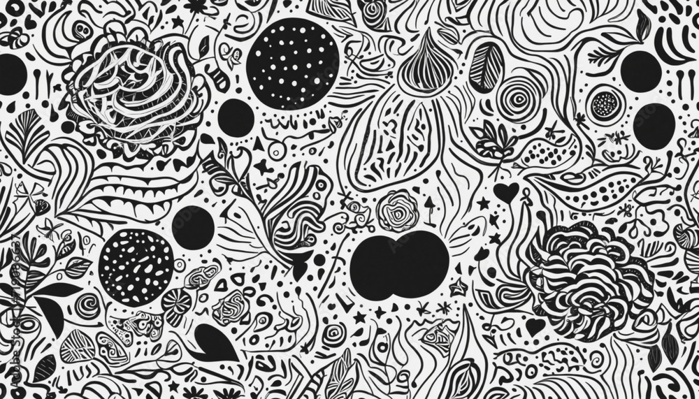 Minimalist black and white doodle pattern with basic shapes. Trendy abstract monochrome design.