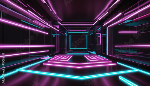 Neon abstract background with glowing lines and dynamic zigzag ribbon. Reflective floor in a dark room. Fantastic wallpaper with digital energy concept.