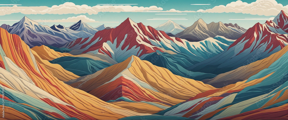 Vibrant mountain scenery seamless pattern bundle. Aesthetic natural hills backdrop assortment in retro hues. Scenic journey design, diverse outdoor scenery artwork.
