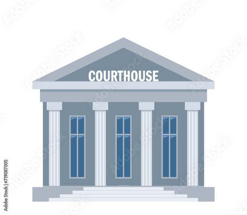 Front view of court house or governmental institution. White brick public building with high columns and big windows. Vector illustration.