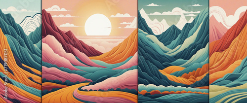 Vibrant mountain scenery seamless pattern bundle. Aesthetic natural hills backdrop assortment in retro hues. Scenic journey design  diverse outdoor scenery artwork.