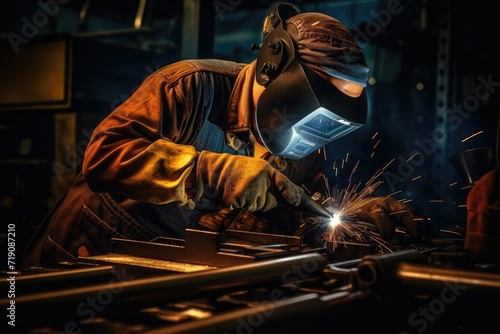 Welder at work in industrial setting with sparks flying.