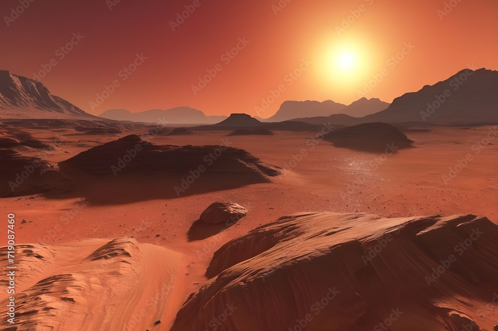 Sunset over the desert  sun-setting-over-the-martian-landscape-painting-the-sky-with-hues-of-red-and-orange