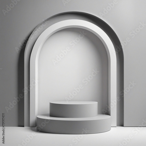 Abstract minimal grey background with empty podium and arched niche. Vacant pedestal and blank showcase scene with round stage for product presentation.