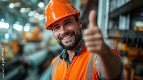 Man wearing orange hard hat in light premises of heavy machinery production plant with his thumb up