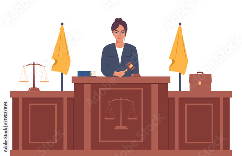 Judge with hammer. Woman in black robe with gavel. Jurisprudence, justice and law. Legal and sentencing. Judgement concept. Vector illustration.