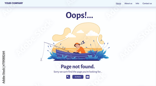 Young man napping in boat, humorous 404 error message for website page not found. Sleepy character represents lost internet page, funny digital concept. Relaxed fisherman sleeping in boat, serene