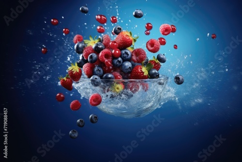 Fresh berries strawberry, blackberry, raspberry, blueberry in water splash on blue background.