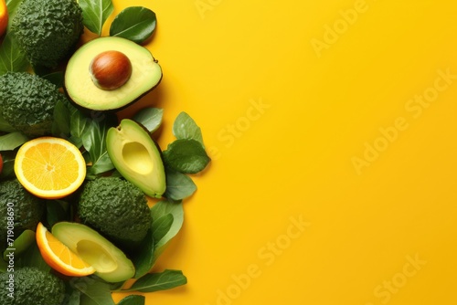 Top view of fresh green vegetables avocado and lemon with lettuce on yellow background