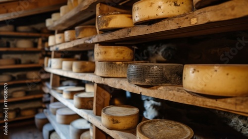 Large storehouse of manufactured cheese standing on the shelves ready to be transported to markets