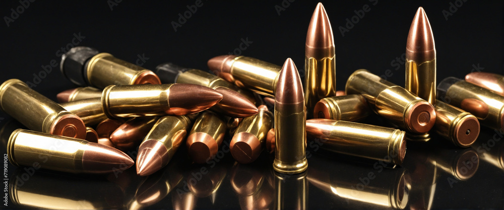 Naklejka premium High-powered rifle shooting ammunition on black backdrop for tactical operations banner with space for text - Automatic Weapon Fire