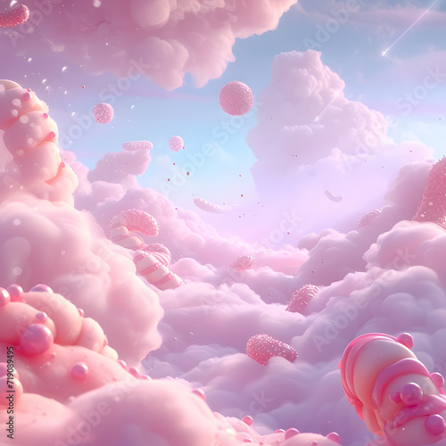  3d pink cloud with lollipop, strawberries, candy, fantasy, dreamland, surreal