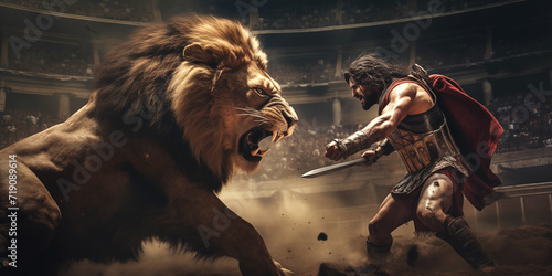 A gladiator and a lion fighting in the arena