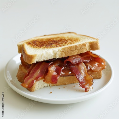 Bacon Sandwich on toasted white bread, dressed with tomato ketchup.